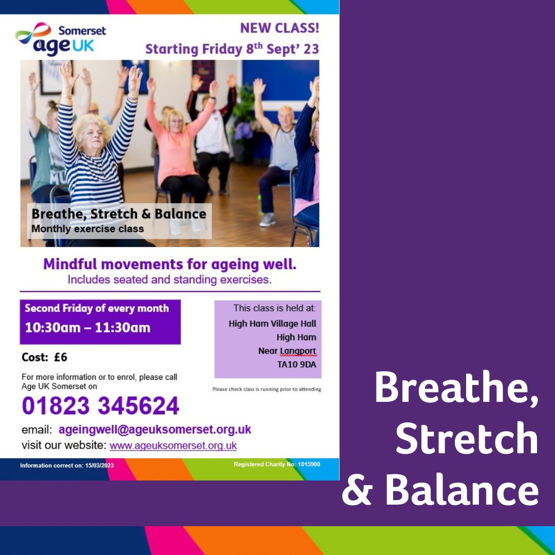 AgeWellSomerset's tweet photo. ๐๐ Check out our NEW class! ๐๐
This September, Breathe, Stretch & Balance is starting in High Ham, nr Langport.
Join us for some mindful movements for ageing well in #HighHam Village Hall-specially designed for people over 55.
โ01823 345624
๐จ ageingwell@ageuksomerset.org.uk https://t.co/EpP5ajvAlw