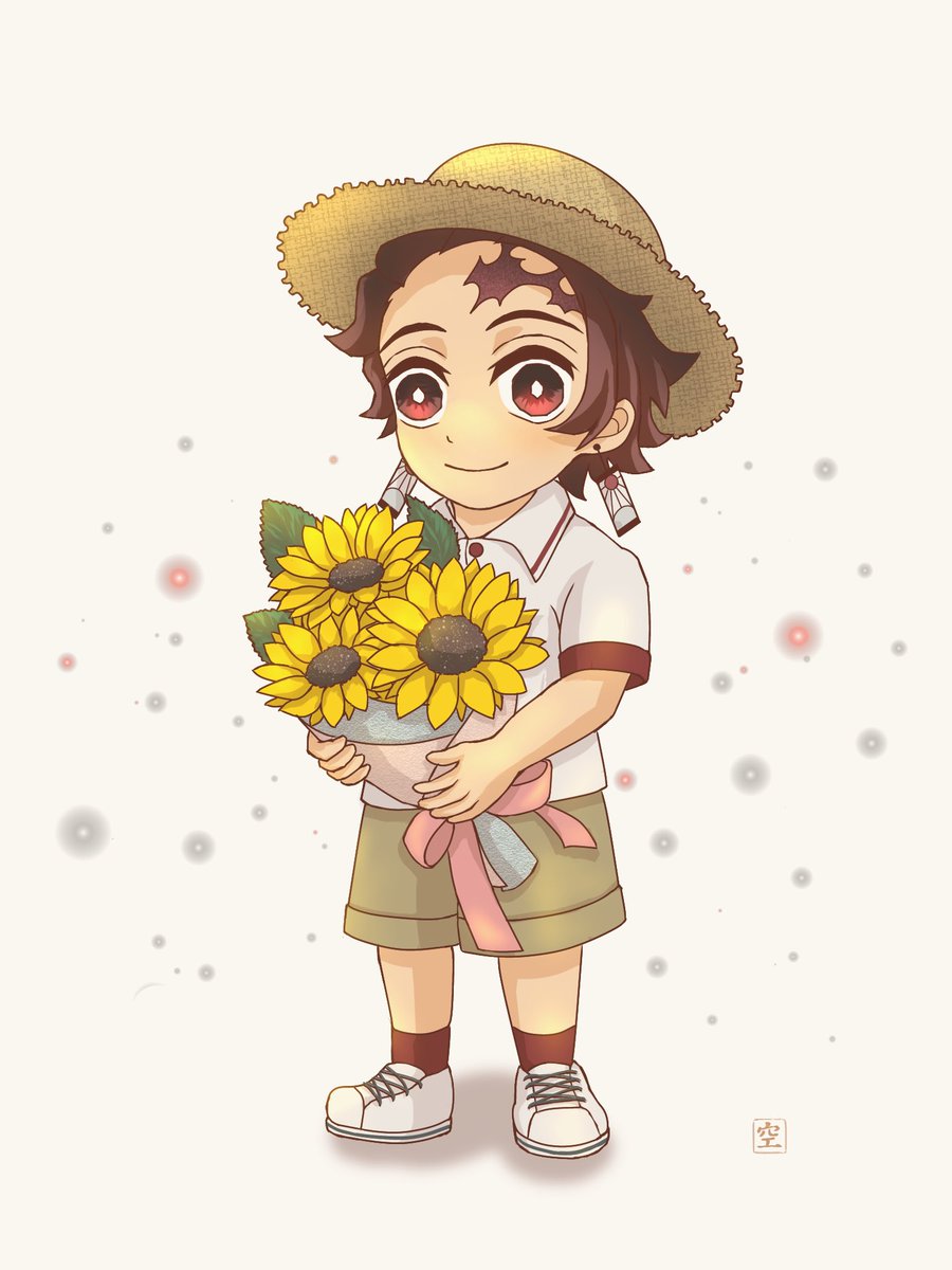 kamado tanjirou sunflower flower male focus 1boy hat scar solo  illustration images