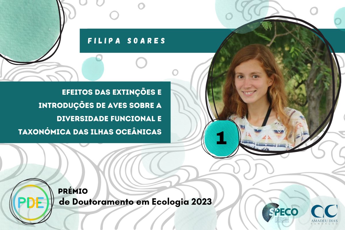 Vencedora do Prémio De Doutoramento Em Ecologia - Fundação Amadeu Dias, @FilipaCSoares, explorou as implicações taxonómicas e funcionais das extinções e introduções de aves em 74 ilhas oceânicas, distribuídas por três oceanos (Atlântico, Pacífico e Índico). 👏👏 <a href="/CE3CResearch/">CE3C</a>