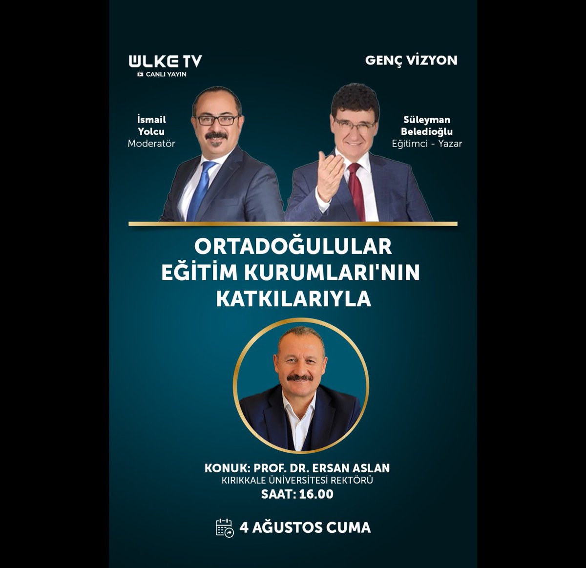 Rektörümüz Prof. Dr. Ersan Aslan, Ülke TV’de yayınlanan ‘Genç Vizyon’ programına konuk olarak katılacak. 4 Ağustos saat 16.00’da başlayacak programda Rektörümüz, tercih sürecindeki gençlere Üniversitemiz, Üniversitemizin başarıları ve çalışmaları hakkında bilgi verecek.