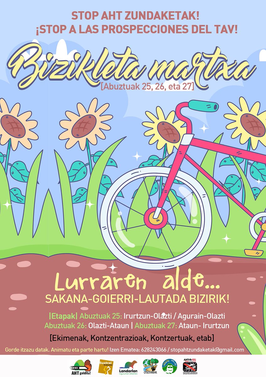 Abuztuak 25-27 bitartean animatu AHTaren zundaketen kontrako txirrindula martxara!
LURRAREN ALDE  SAKANA,GOIERRI ETA LAUTADA BIZIRIK!
AHTRIK EZ!