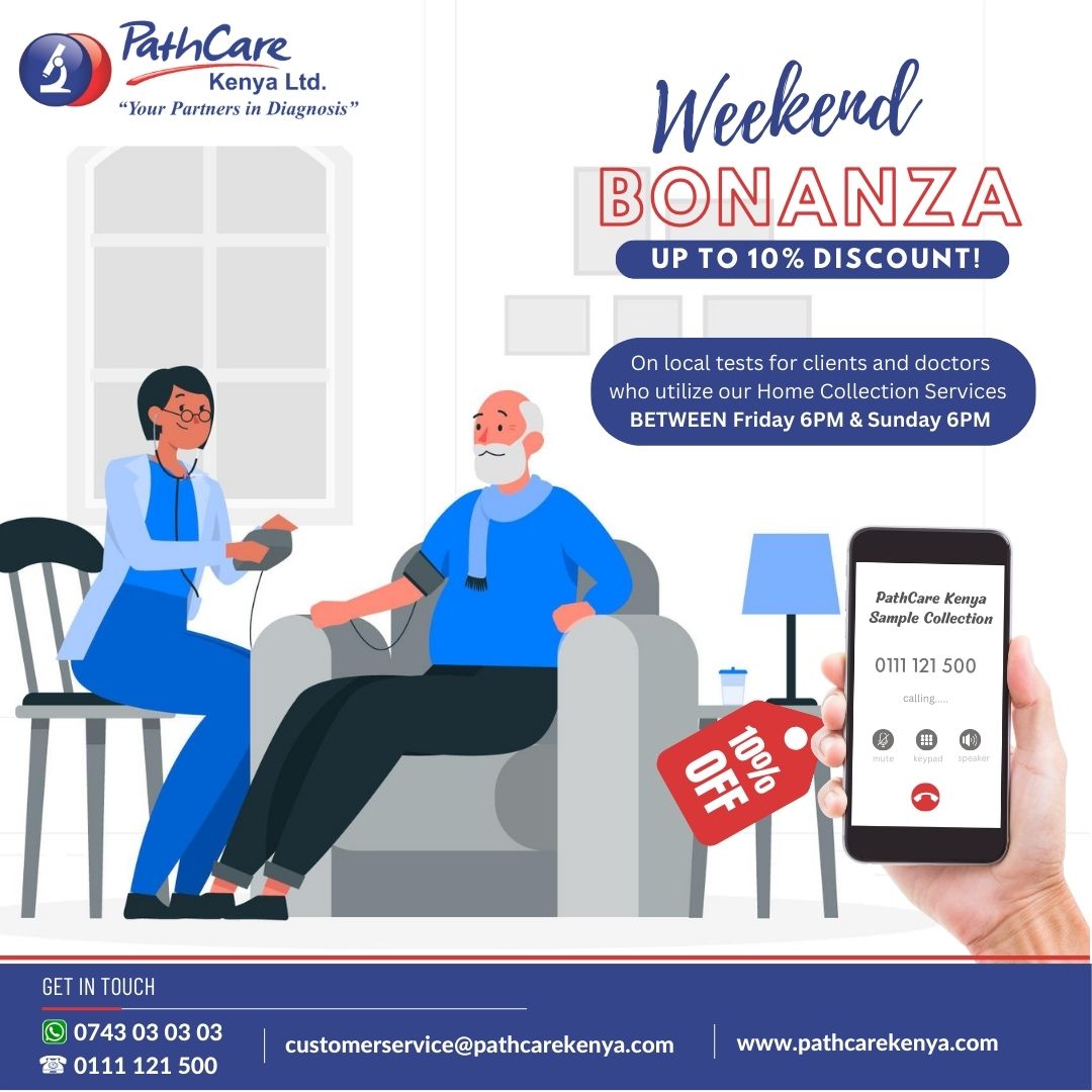 PathcareKenya's tweet photo. We're thrilled to introduce a special offer just for you!
Between today, Friday 6PM and Sunday 6PM, enjoy a 10% discount on all lab services when you opt for our convenient Home/Office Sample Collection Service.
#PathToCare
#PathologyThatAddsValue https://t.co/x0HsSyoXv9