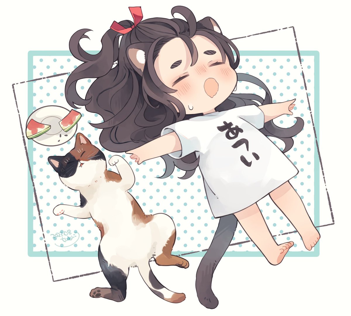 1girl animal ears closed eyes shirt tail barefoot long hair  illustration images