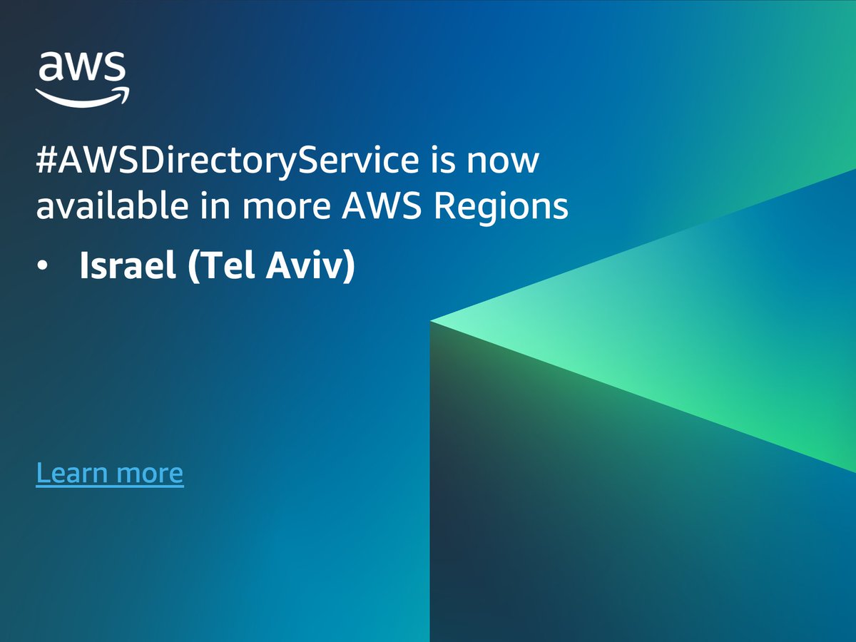 AWSIdentity's tweet photo. DYK #AWSDirectoryService for #AWSManagedAD and Active Directory Connector are now available in the AWS Israel (Tel Aviv) Region? Learn more: https://t.co/uEG604XlPZ https://t.co/MxTYaVy8Mf