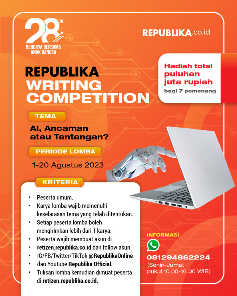 retizen_id's tweet photo. Dalam rangka memeringati milad ke-28,  https://t.co/3BIFhyOra3 menggelar lomba menulis yang terbuka untuk umum.

Yuk ikutan gaes. Hadiahnya puluhan juta rupiah lho!!

Lebih lengkap lihat di https://t.co/zHiPoOer2K...

#hutrol28 #lombanulisretizen #republikawritingcompetition https://t.co/NfEx9lPjZt