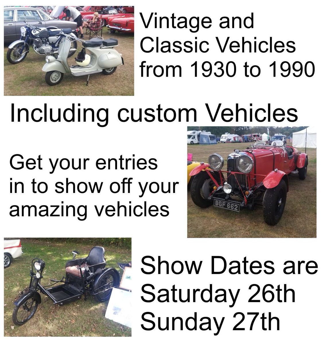 Come Show off your amazing vehicles, being judged by an experinced team, public voting for the "best in show"
Each afternoon after judging, the vehicles parade around the main arena with commentary, and prizes are given out

#vintagevehicles #vintagemotorcycles #classicvehicles