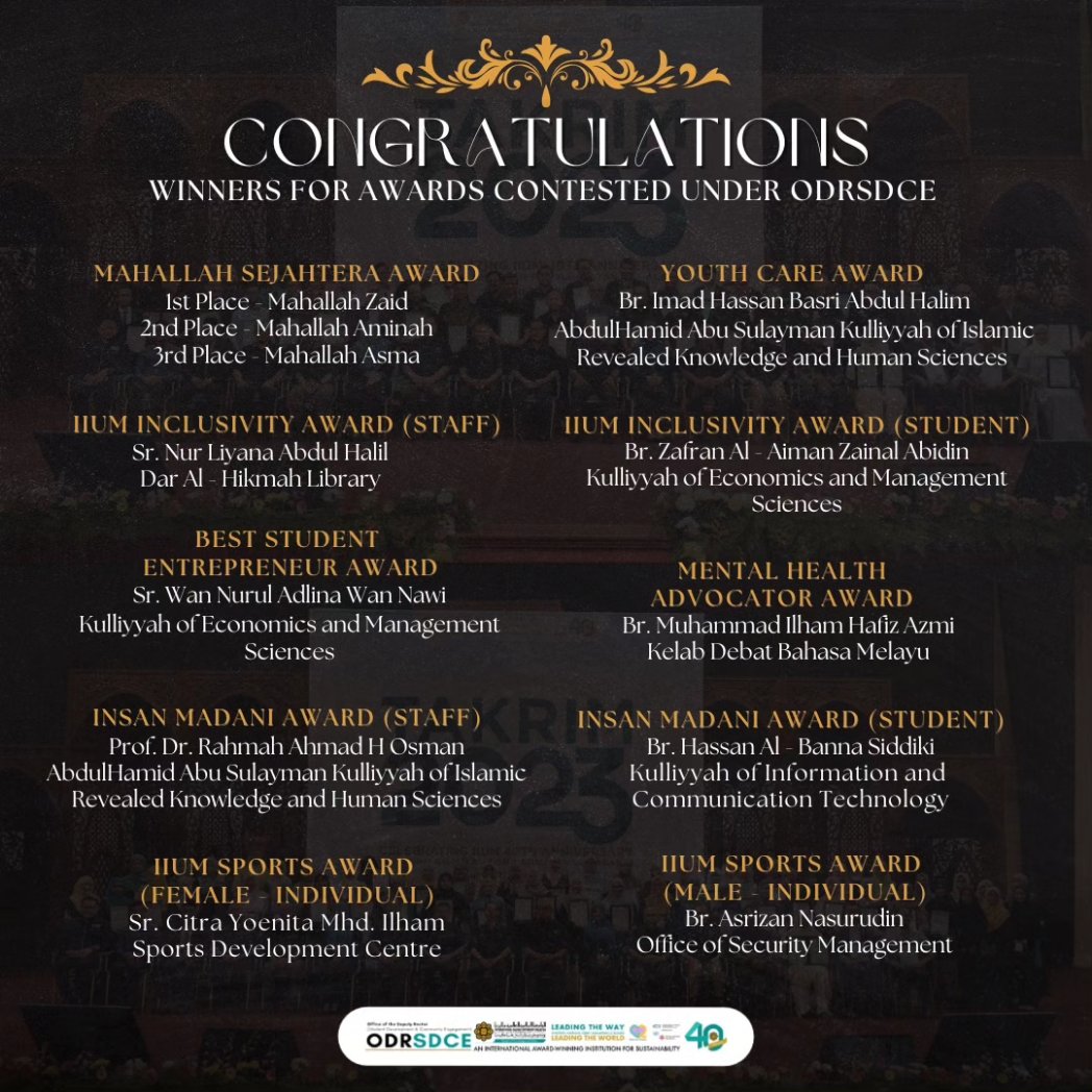 odrsdce's tweet photo. Assalamualaikum Wrt. Wbt.,
The office would like to congratulate all winners for awards contested under ODRSDCE for the IIUM Takrim 2023ππ
#odrsdce
#leadingthechanges https://t.co/WKSyjtr24r