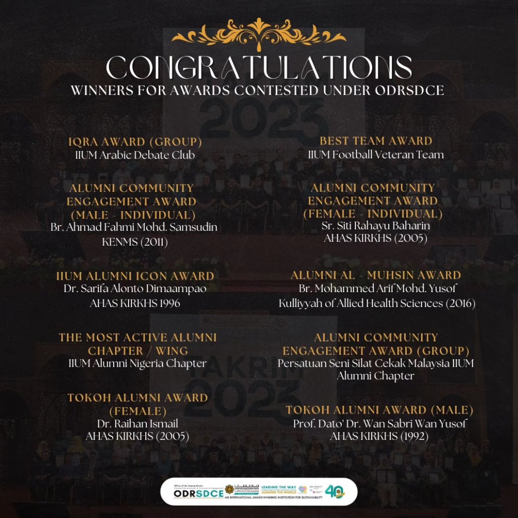 odrsdce's tweet photo. Assalamualaikum Wrt. Wbt.,
The office would like to congratulate all winners for awards contested under ODRSDCE for the IIUM Takrim 2023ππ
#odrsdce
#leadingthechanges https://t.co/WKSyjtr24r