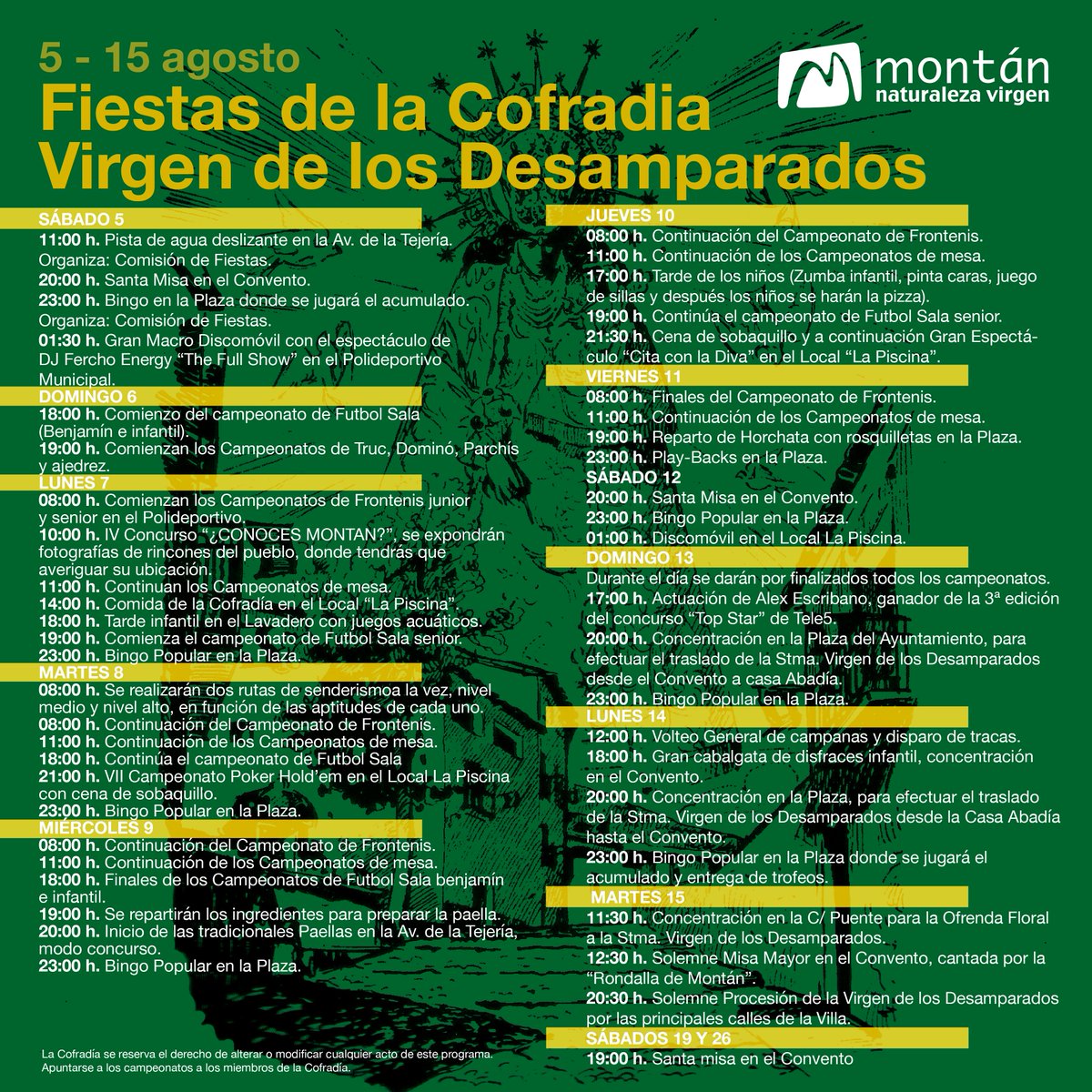 Estamos finalizando nuestra Semana Cultural y ya comienzan las Fiestas de la Cofradía Virgen de los Desamparados, de hecho el sábado se entremezclan actos.
Aquí os dejamos el programa completo de actividades que ha organizado la Cofradía para pequeños y mayores. ¡¡Disfrutadlas!!