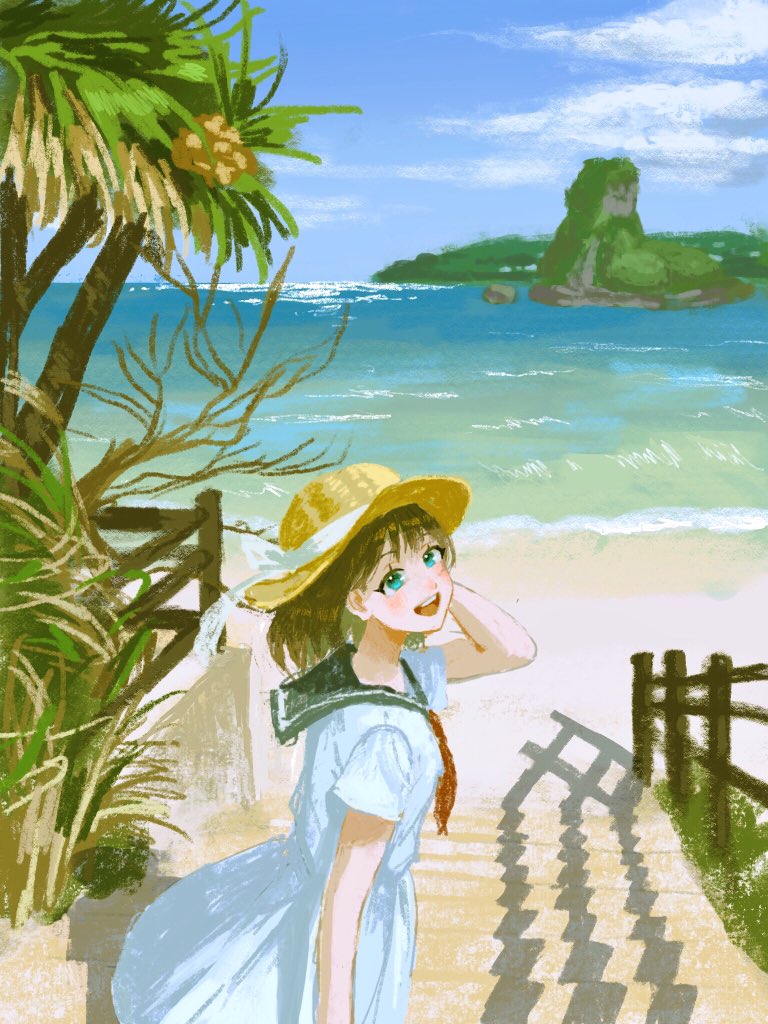 1girl outdoors hat solo dress beach tree  illustration images