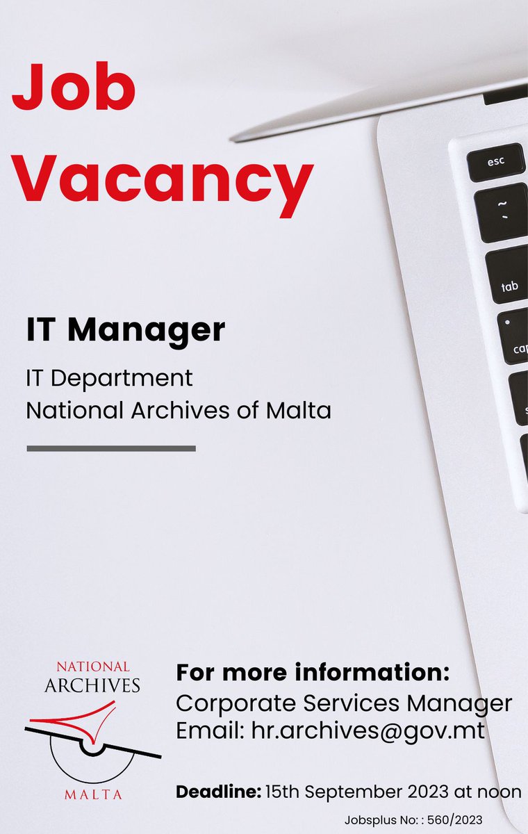 Malta_Archives's tweet photo. #vacancy #hiring #maltavacancy https://t.co/vbplu7jHpV