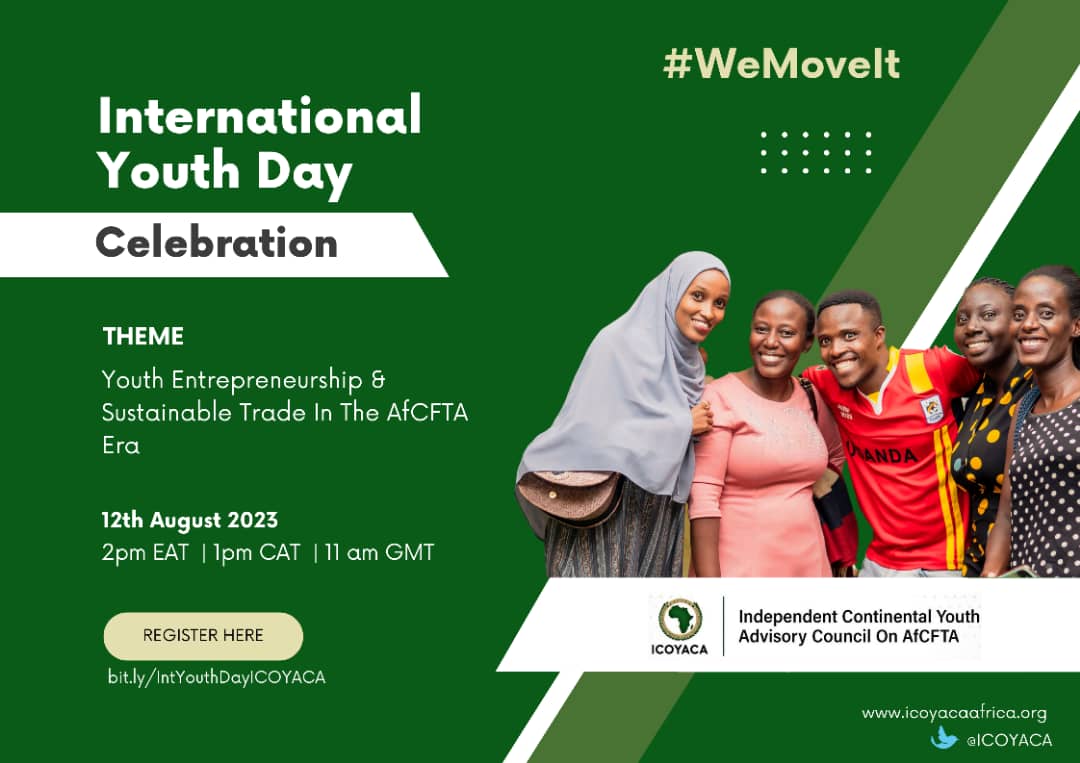 Dear AfCFTA Champions,

We want to celebrate the International Youth Day with you! Our theme for the day is: Youth Entrepreneurship &amp; Sustainable Trade in the #AfCFTA Era. We have great speakers lined up. Don't miss it.
📍12 August 2023, 2pm EAT
🌐bit.ly/IntYouthDayICO…
#IYD2023