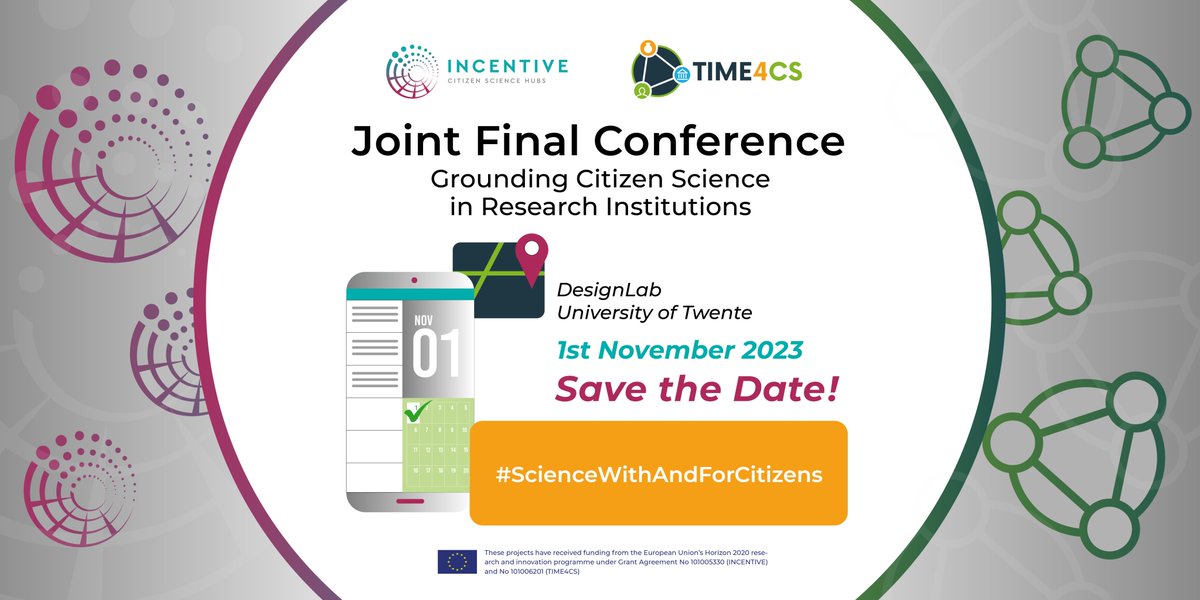 TIME4CS's tweet photo. We have exiting news 📣 Save the date for the @incentive_eu - #TIME4CS Final #Conference “Grounding #CitizenScience in Research Institutions: Science with and for Citizens” 🙌
🗓 01.11.2023 
📍@DesignLabUT 
More info 👉 https://t.co/X9Fxwgg89b https://t.co/ysMhkzdYT3