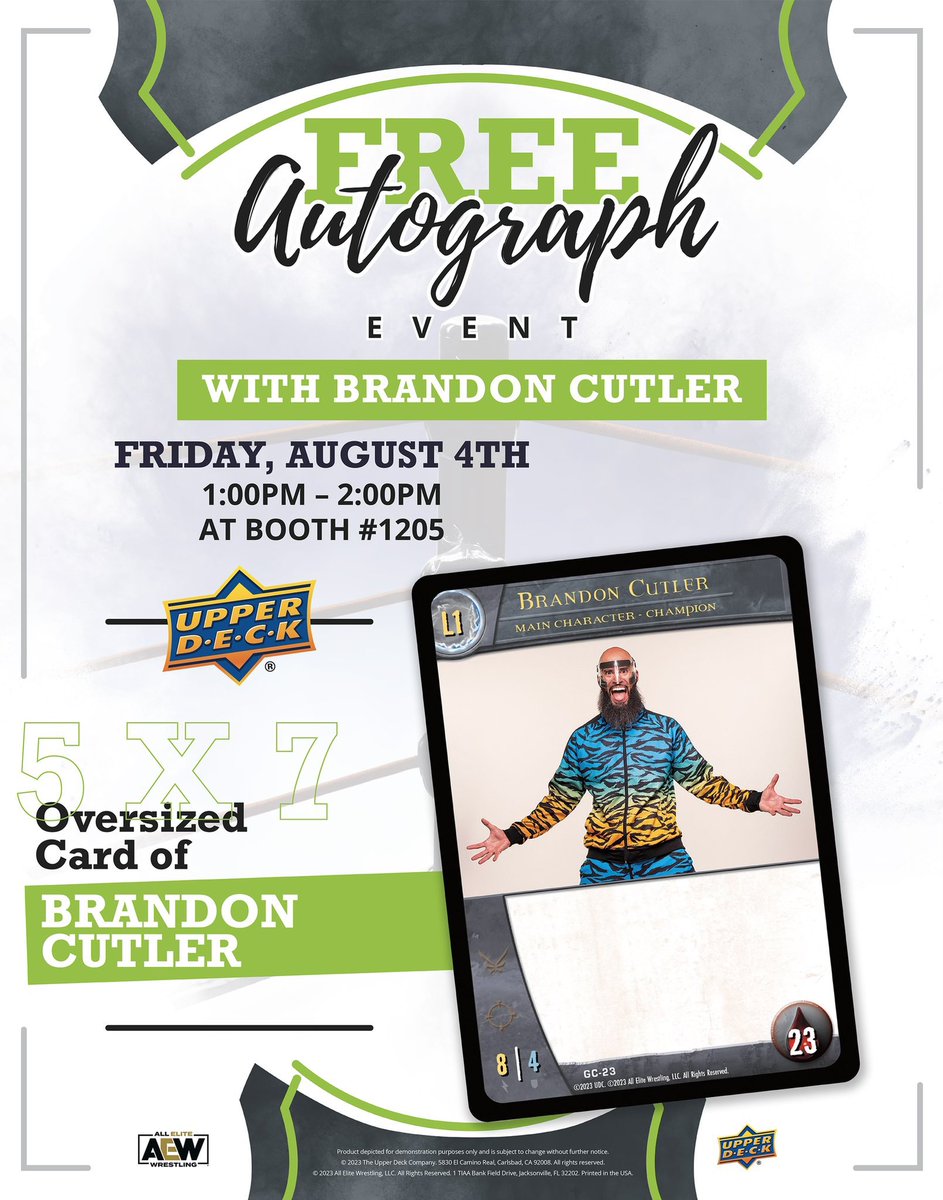 AewCard's tweet photo. If any of you are going to #GenCon today, stop by the #UpperDeck booth for a free oversized #VSSystem #AEW card autographed by #BrandonCutler ✍️
#WrestlingCards #TradingCards #2PCG #TCG #CCG @Gen_Con @UpperDeckEnt @UpperDeckSports @BranCutler #TheHobby https://t.co/lzRWIofKXz