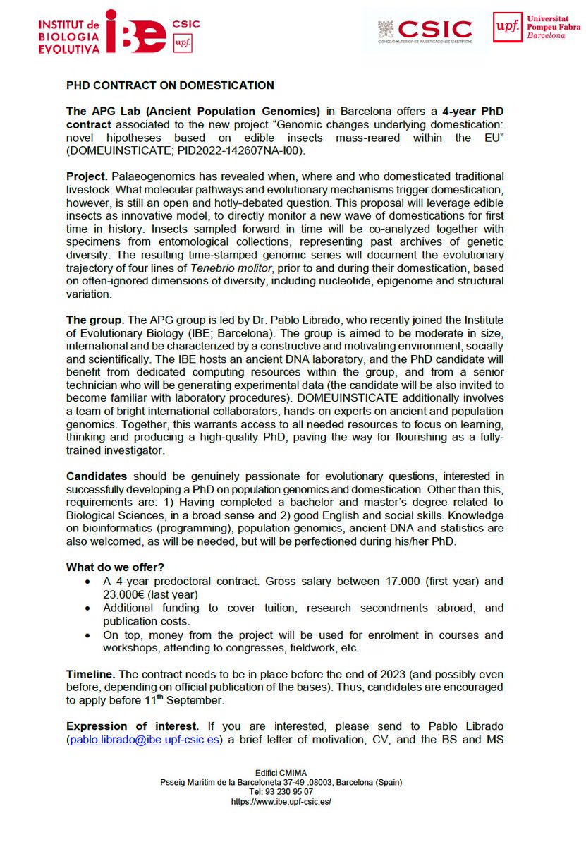 PerleGuarino's tweet photo. PhD ad! The amazing Pablo Librado who is just starting his group in Barcelona is looking for a PhD interested in domestication and genetics. I can only recommend working with him ! Please RT if you can https://t.co/q9YwIFlOWC