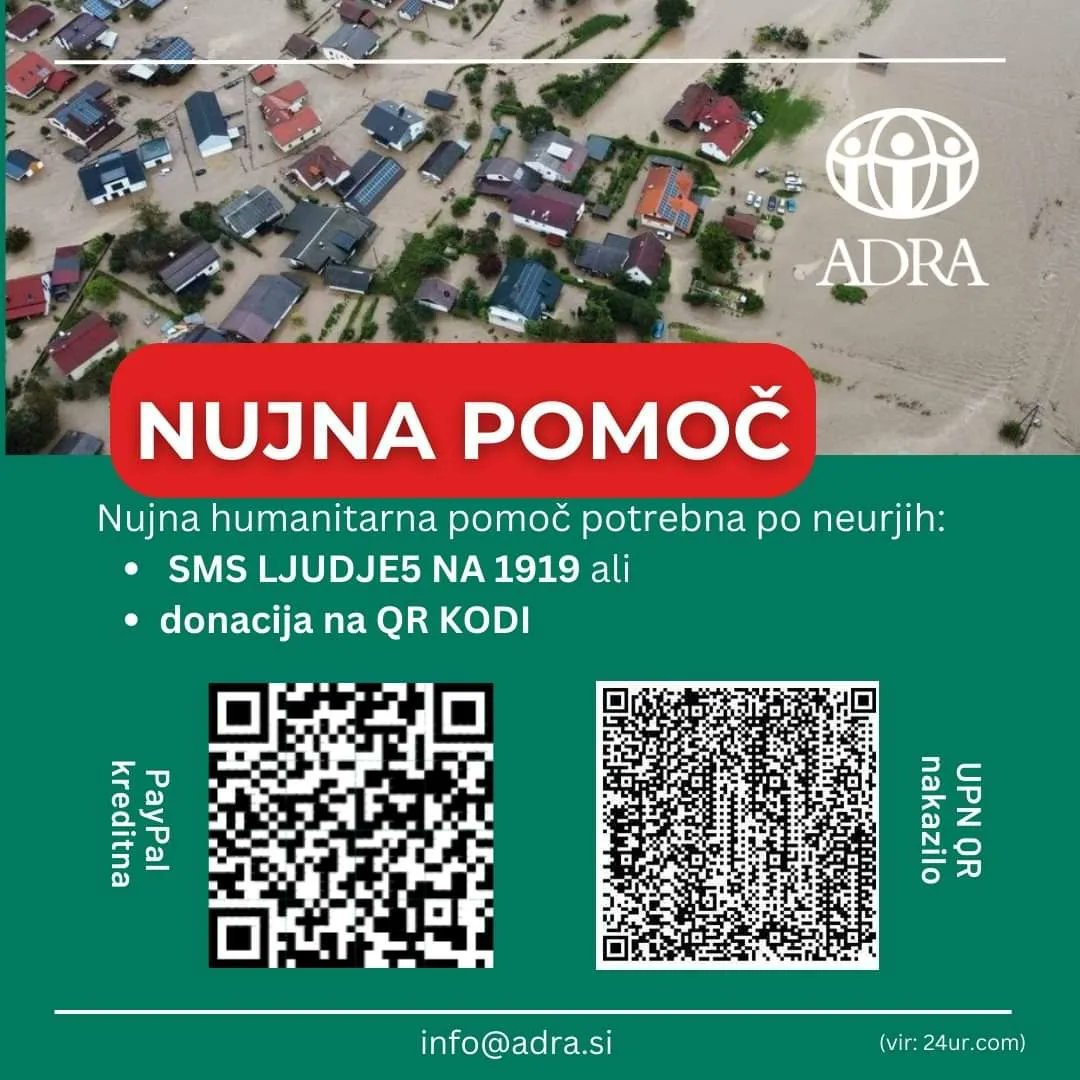 ADRA Slovenja se že 20 let odziva na vse vrste katastrof v Sloveniji in po svetu.
 Za svojo pomoč Civilni zaščiti smo v letu 2015 prejeli tudi Bronasto priznanje.
Prosimo pomagajte nam, da lahko ponudimo dolgoročno pomoč prizadetim.

ADRA.si/neurja2023