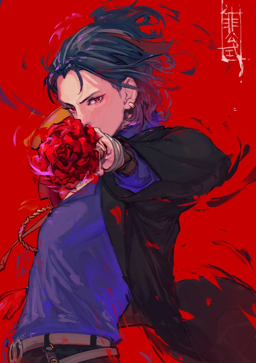 solo 1girl black hair red background flower belt holding  illustration images