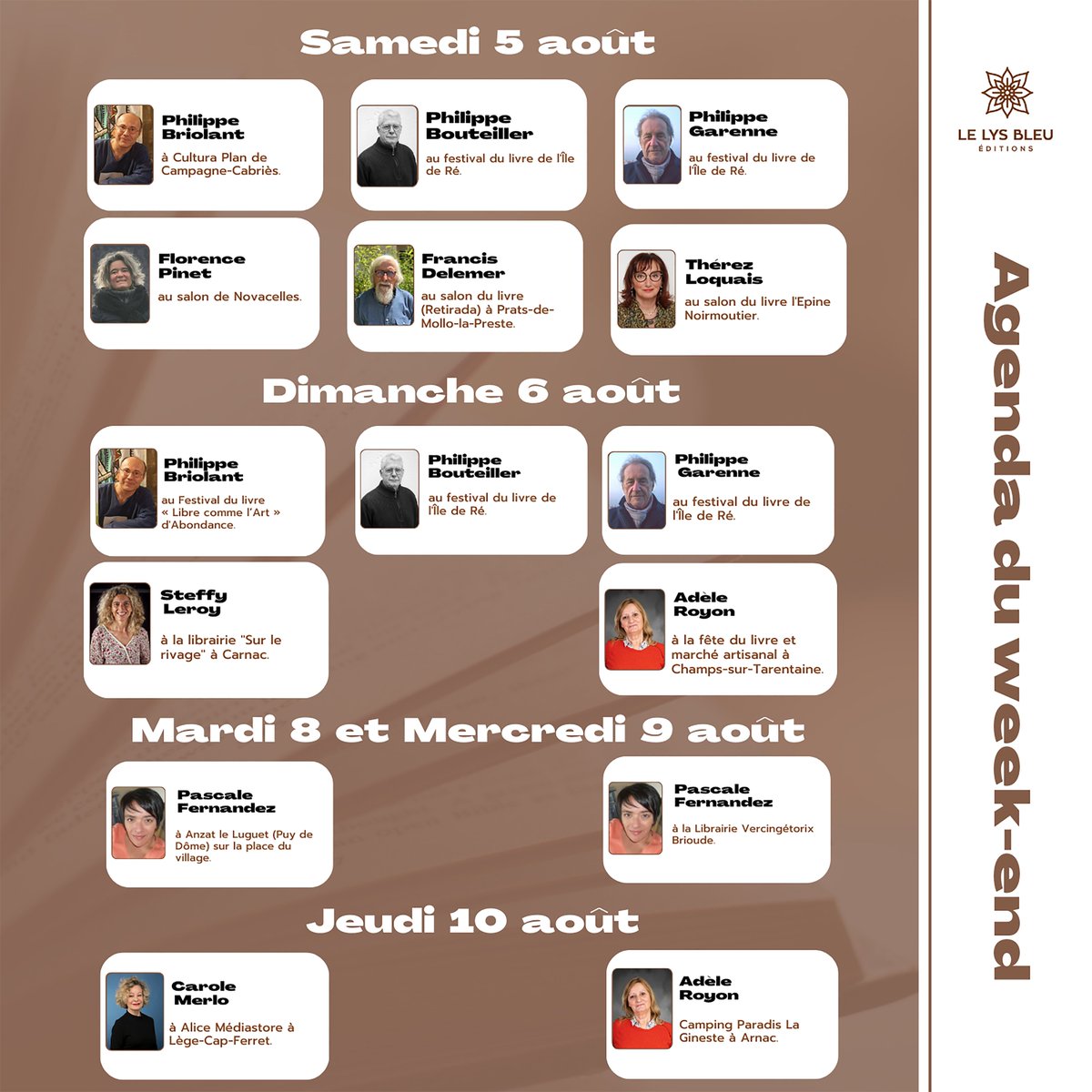 [Rencontres et dédicaces]📷
Rejoignez nos auteurs lors des séances de dédicaces du week-end et de la semaine prochaine.
Consultez les dates et horaires ci-dessous, et marquez votre calendrier ! 📷📷
#SéancesDeDédicaces #RencontrezLesAuteurs #PassionLecture #AuteursÀLhonneur