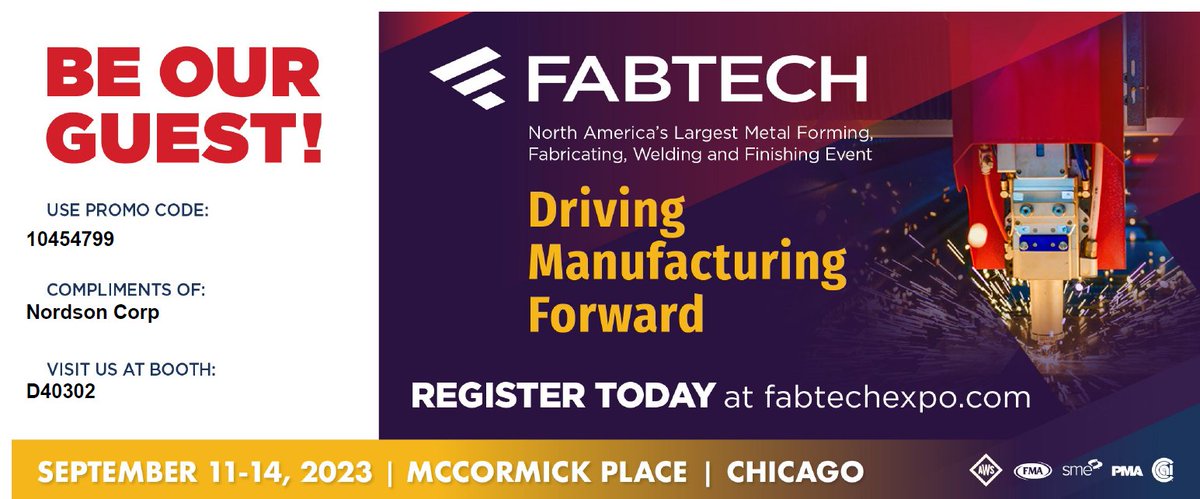 Join us at #Fabtech, North America’s largest metal forming, fabricating, welding, and finishing event. 

Use our registration link with our PROMO CODE 10454799:​
l.feathr.co/fb23---exhibit…​
​
#Fabtech2023 #FabtechChicago #Nordson #PowderCoating #HDLV #NordsonICS