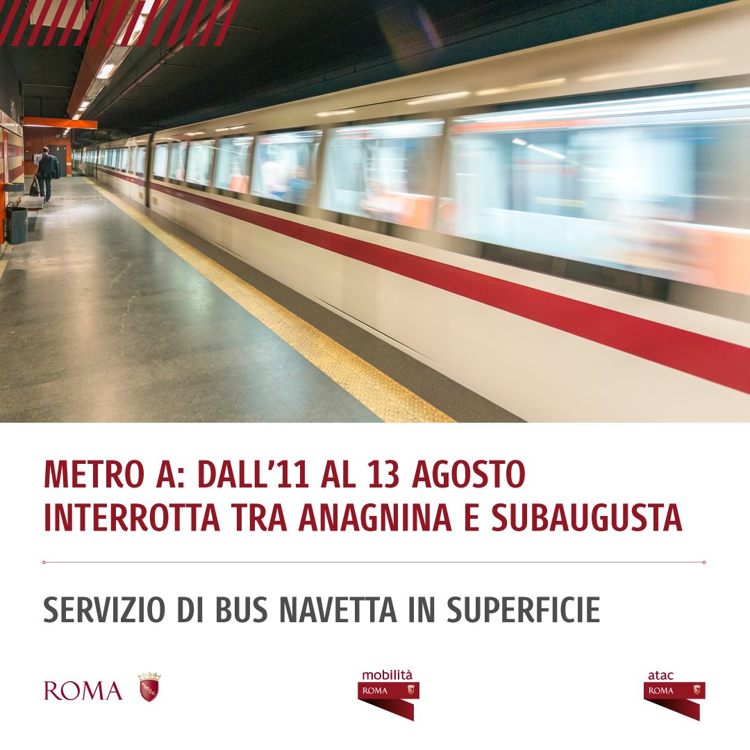 romamobilita's tweet image. ❗️#MetroA, parziali #chiusure ad agosto:
⁣
🔶 dall’11 al 13 agosto sarà interrotta tra Anagnina e Subaugusta;⁣
🔶 dal 14 al 24 agosto, l'interruzione sarà tra Arco di Travertino e Ottaviano.

🚌 Previsti bus navetta sostitutivi in superficie

👉 Info: romamobilita.it/it/media/pp/me…