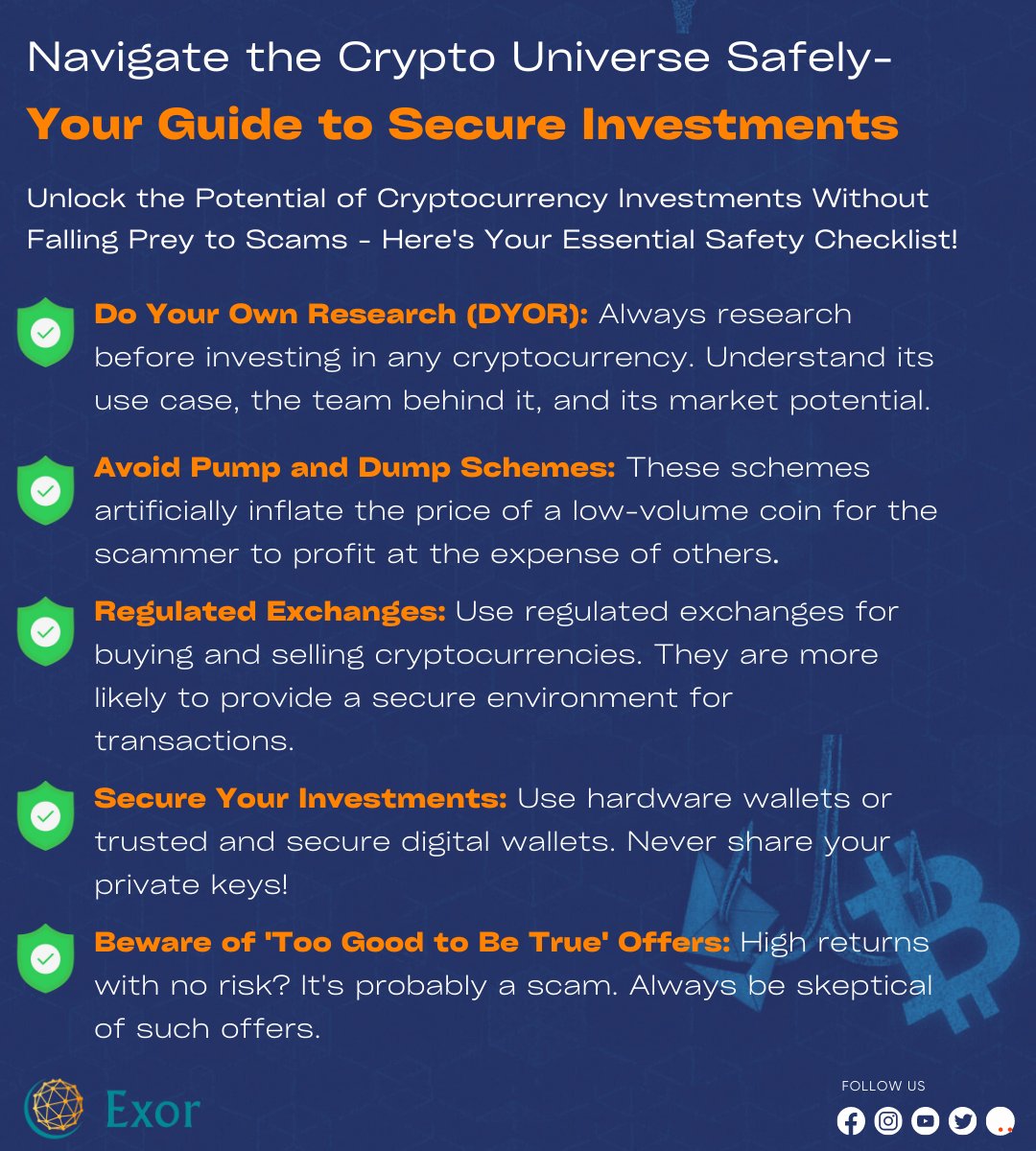 Safely navigate the crypto universe with our expert guide to secure investments. Learn risk management, safeguard assets, and stay informed with Exor Company. 

#SecureInvestments #CryptoSafety #ExorCompany