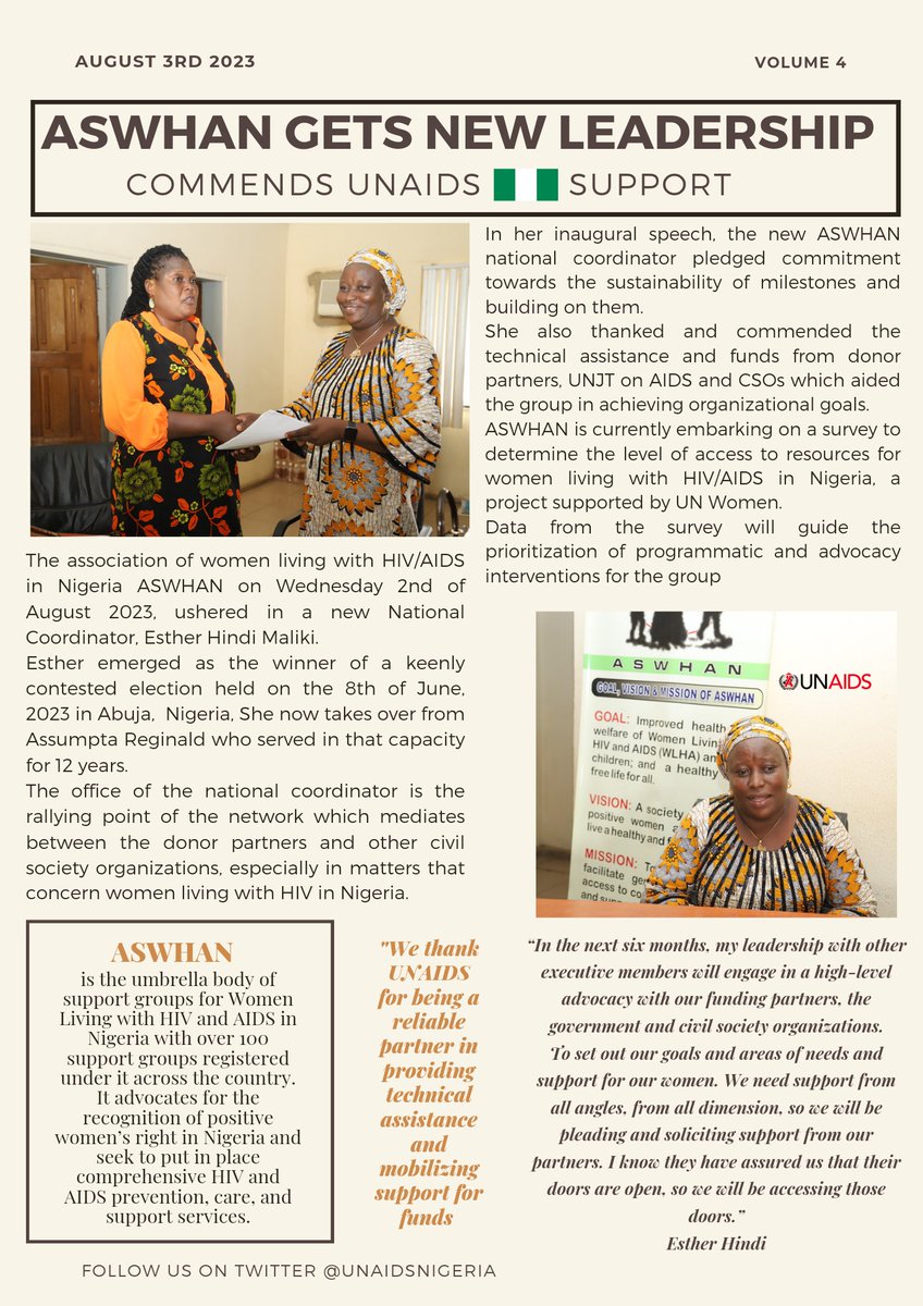 Women continue to demonstrate exemplary leadership even in the face of daunting challenges. 
<a href="/unaids/">UNAIDS Global</a>
 🇳🇬 commends 
@ASWHAN
 new leadership, we look forward to a more harmonious partnership. 
<a href="/BeatriceEyong/">Beatrice Eyong</a> <a href="/LZekeng/">Dr. Leo ZEKENG</a> @ICW_Global <a href="/GlobalFundWomen/">Global Fund for Women</a> <a href="/NACANigeria/">NACA Nigeria</a> <a href="/FMWA_ng/">Federal Ministry of Women Affairs Nigeria</a> <a href="/VIhekweazu/">Vivianne Ihekweazu</a>