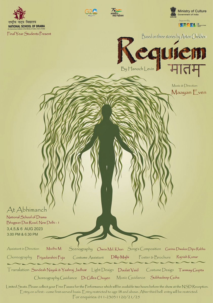 IsraelinIndia's tweet photo. Immerse yourself in the artistic collaboration between 🇮🇱🇮🇳!

Experience the play "Requiem," directed by the Maayan Even from Israel, and beautifully presented by the students of @nsd_india. 

This powerful play delves into themes of loss, grief, and the search for meaning in the face of death, promising to leave a lasting impact on all who see it. 

📍NSD Theatre in Abhimanch, Mandi House, New Delhi
🗓️ August 4-6, 2023 
🕰️15:00 and 18:30

Don't miss this unforgettable theatrical journey!