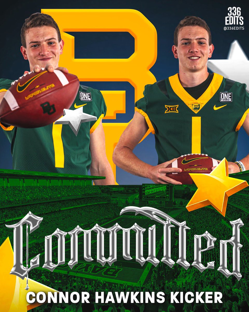 After much prayer and consideration, I’m honored to say I’ve committed to Baylor University 🟢🐻🟡❕ 
#SicEm | #PersonOverPlayer 
<a href="/CoachDaveAranda/">Dave Aranda</a> <a href="/TQHancock/">Tyler Hancock</a> <a href="/CoachRPollard/">Ryan Pollard</a> <a href="/BUFootball/">Baylor Football</a> <a href="/BaylorAthletics/">Baylor Athletics</a> <a href="/BaylorBears247/">BearsIllustrated</a> <a href="/Chris_Sailer/">Chris Sailer Kicking</a> <a href="/OberkromKicking/">Jaden Oberkrom</a>