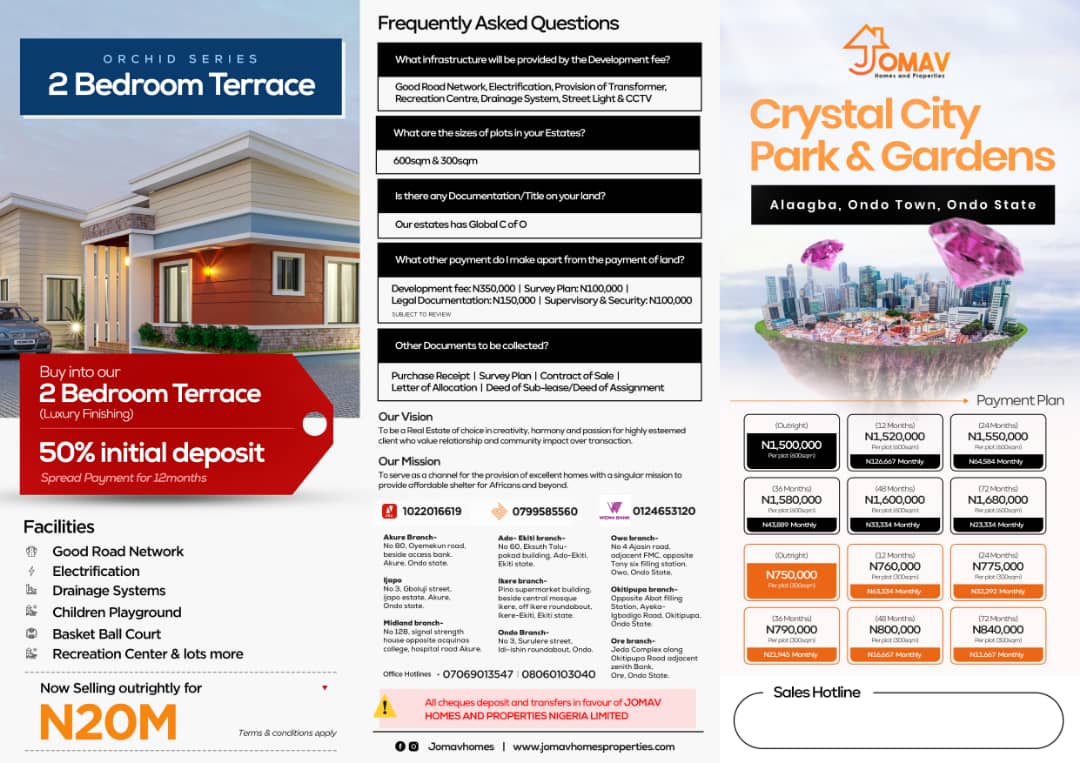 Foluke_Anike's tweet photo. Get lands within Abuja, Akure, Ondo and Ado with Jomav homes and properties, a real estate company centered around giving you the best of deals. Payment plan is flexible and with as low as 1k/5h daily or monthly payments. Call/message 08118935289 https://t.co/Kz21lj7DZS
