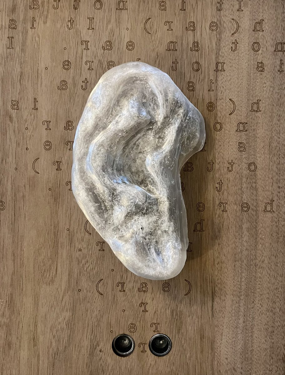 AtelierStark's tweet photo. ‘It is notta h(ear)’ - 3D printed ear meshed from a sculpted ear on walnut wood. Proximity sensor of viewer distance and both auditory and visual response. Created at the fab labs @HarvardSummer. ©️Stark 2023 #digitalfabrication #3dprinting #woodsculpture #figurativesculpture https://t.co/NAotTPRkVg