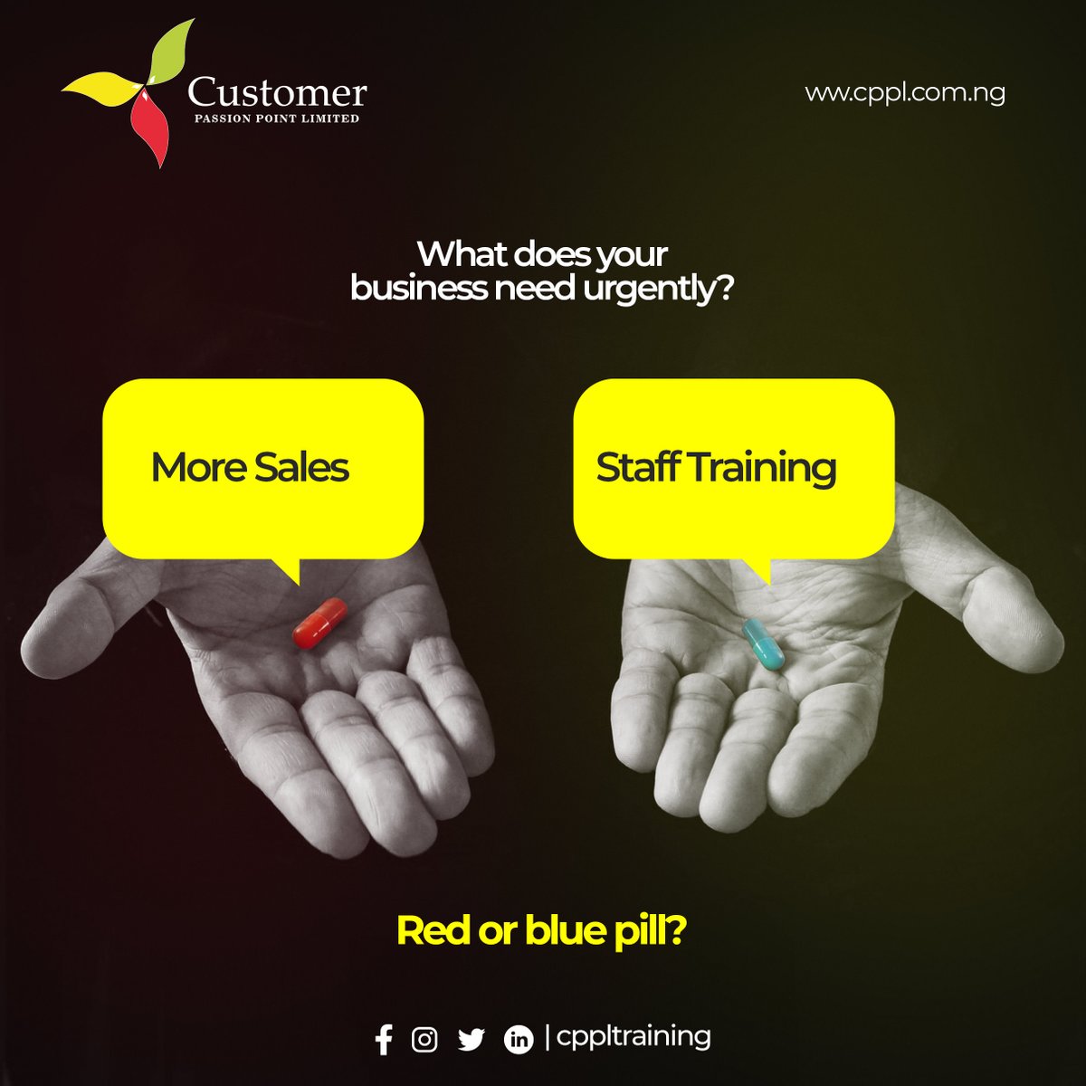 cppltraining's tweet image. What does your business need urgently?
More Sales or Clients Staff Training

We've got you covered
Give us a call right away +2347011962027

#cppltraining #cpplconsulting #businessowner #businessstrategy