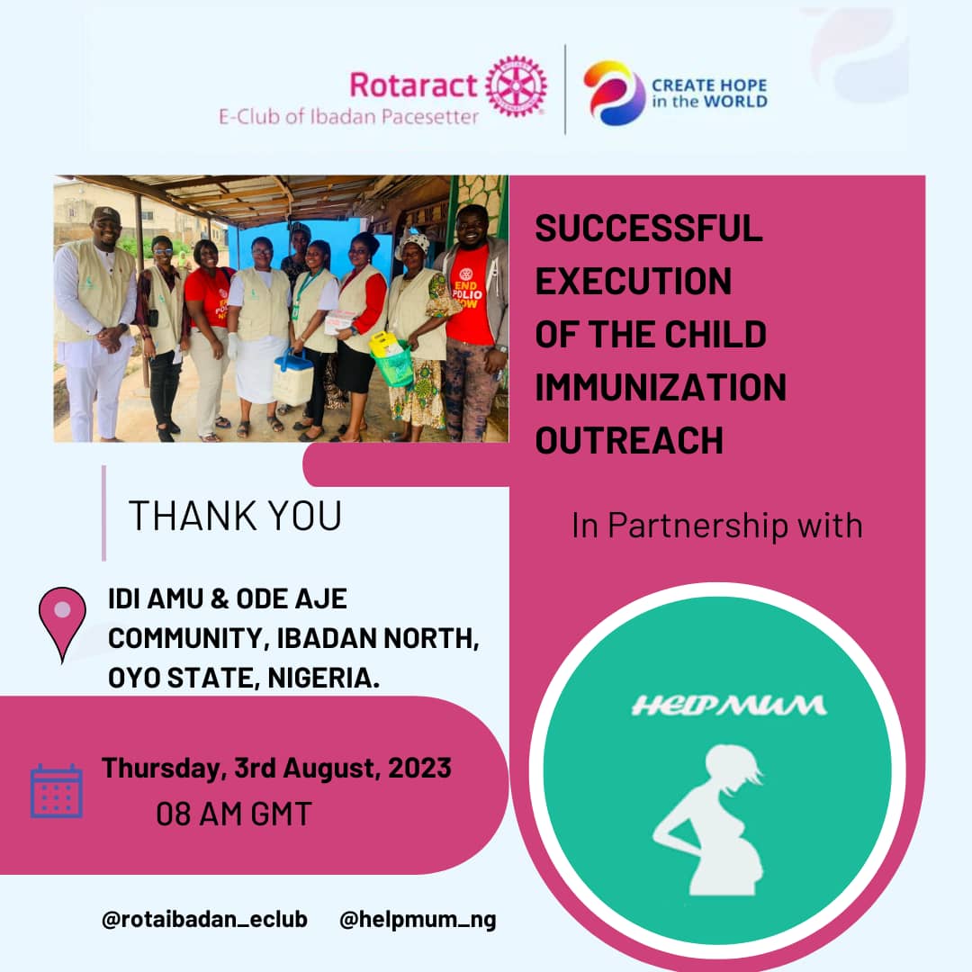rotaibadaneclub's tweet photo. ROTARACT eCLUB OF IBADAN PACESETTER, ZONE K, RID 9125 🇳🇬
Thank you Idi Amu
Thank you Ibadan
Thank you Oyo state @raczonek 
Thank you @Rotary 
Thank you @helpmum_ng 

Together we have been able to equip 30 infants and children with the vaccines needed to fight different diseases. https://t.co/lAXj24jVcZ