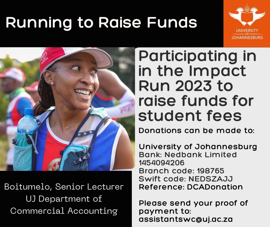 Our students and lecturers will participate in the #impactrun to raise funds for student fees. Donate using the details provided.