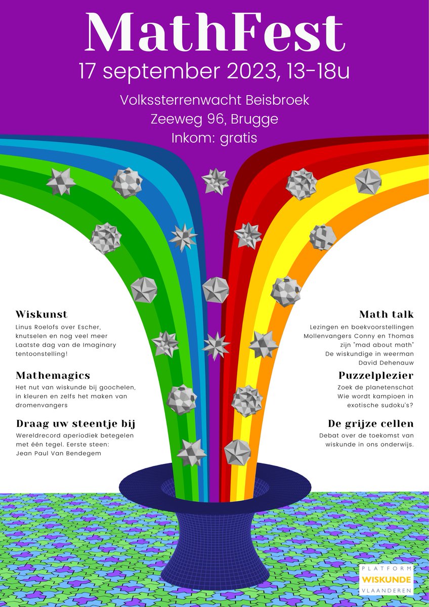 MathFest! Een wiskundefestival voor iedereen op 17/09 in Brugge. Ontdek de magie van wiskunde samen met JP Van Bendegem,  mollenvangers Conny en Thomas, weerman David Dehenauw, e.a.
GRATIS INKOM
Programma update: platformwiskunde.be/mathfest-2023/
#Wiskunde #Brugge