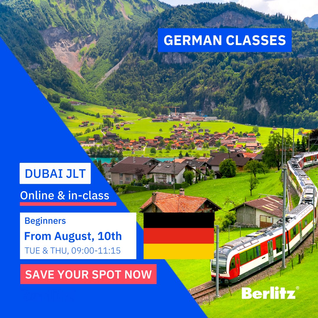 BerlitzAE's tweet photo. Guten Tag, German learners! 📚 Join us for an exciting journey into the world of Deutsch! 🌍🌟 Our Berlitz German A1 course starts on August 10th at 9:00 a.m. 🗓️ in JLT and online.✨ Limited seats are available, so enroll now! 🎓 #LearnGerman #BerlitzUAE #A1Course https://t.co/qVnLecGej3