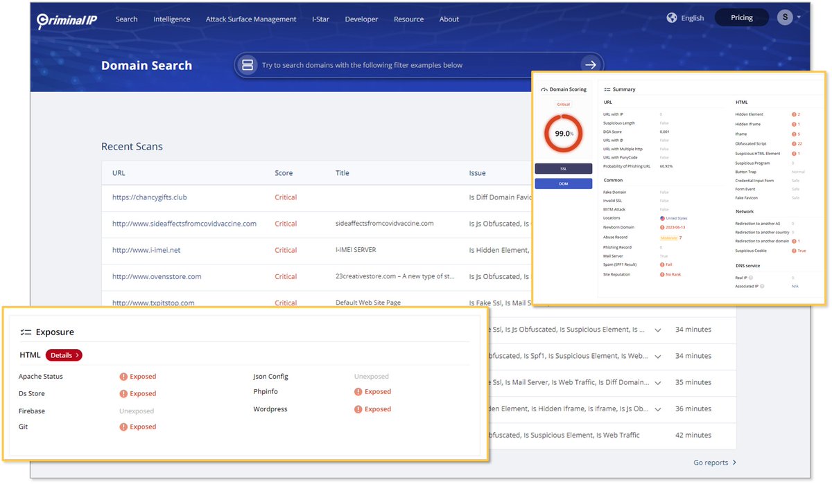 CriminalIP_US's tweet photo. Malicious domain scan lists are updated in real-time!
Suspected domain lists are displayed, including domains with invalid SSL certificates and obfuscated scripts.
https://t.co/zPqLgoVjT2
#Websecurity #URLCheck #Cybersecurity #Infosec https://t.co/IVCmzp14Dl