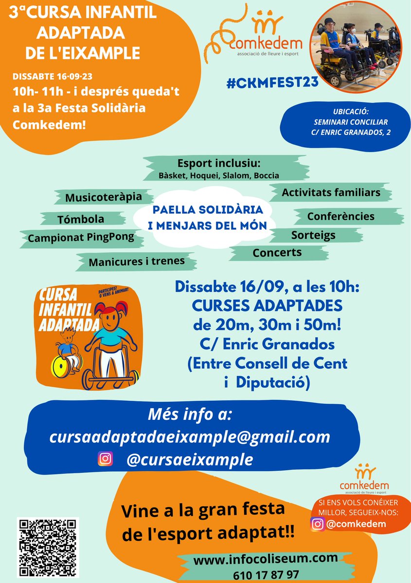 CursaEixample's tweet image. Si ho heu escoltat bé! Arriba la 3a cursa infantil adaptada de l'Eixample dins de la gran festa de @comkedem!!! 🥳🥳 Ben aviat començarem inscripcions, però no us perdeu el 16 de setembre a BCN. Cursa infantil adaptada, esports, paella popular, música i moltes més sorpreses!!
