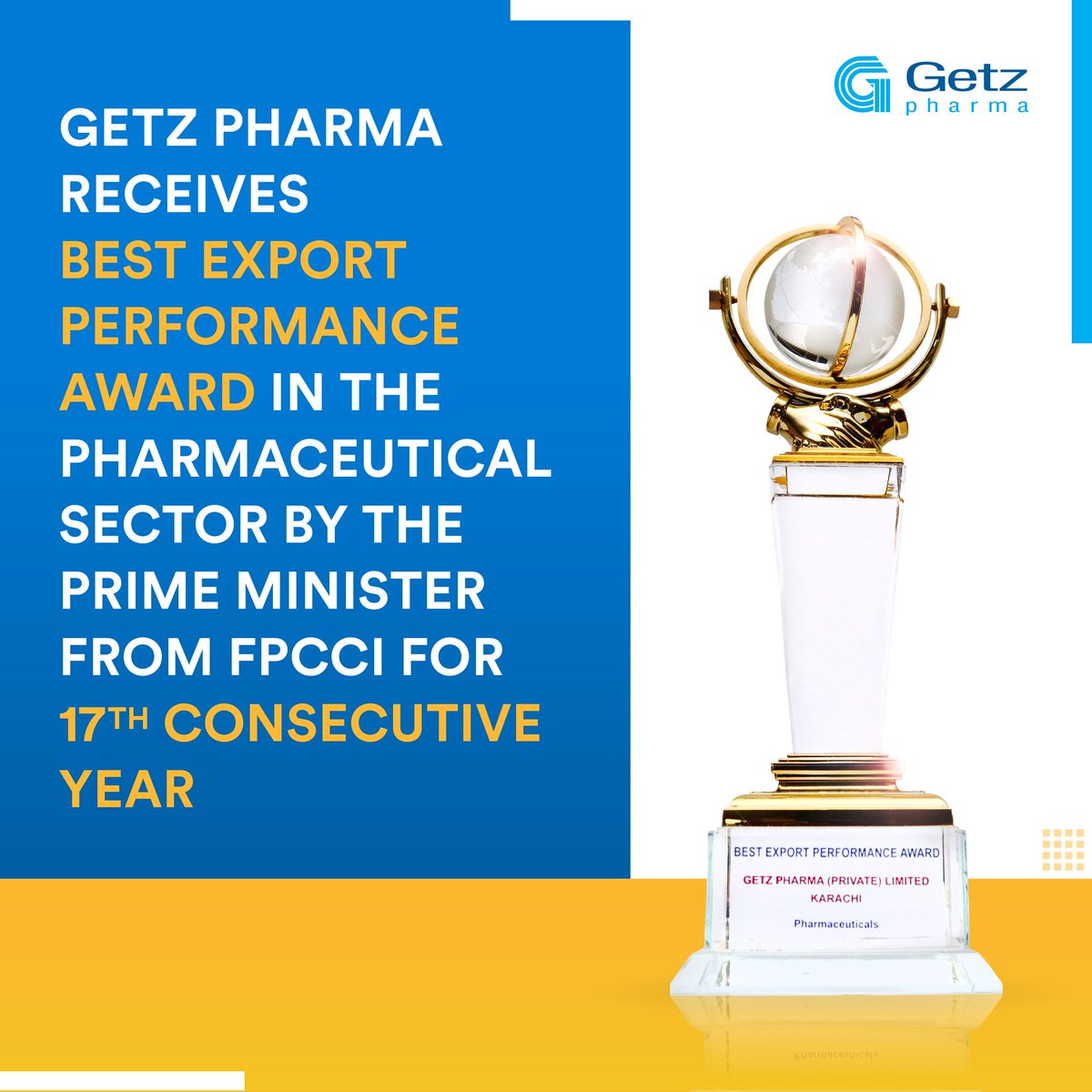 [#UPDATE] 

Achiever of Pharma✨

The PM of🇵🇰 has awarded #GetzPharma with the Highest Export Performance Award in the pharmaceutical sector at the @FPCCI1 awards.

Currently exporting to 30+ countries, company has been receiving this accolade for the past 17 consecutive yrs.
