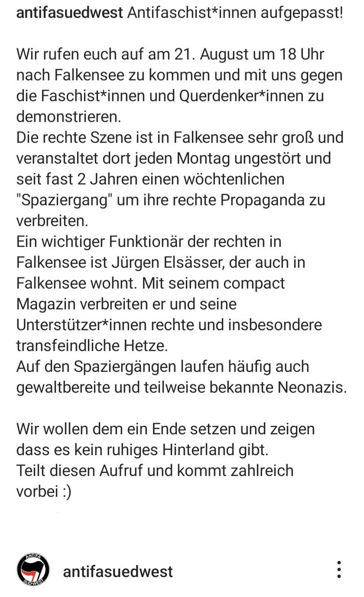 Am Montag 21.08.2023 um 18 Uhr findet eine Demo in Falkensee statt ⚠️

"Es gibt kein ruhiges Hinterland"

Bitte #SaveTheDate und kommt zahlreich zur Unterstützung gegen Querdenker und Faschisten.

#Falkensee #AntifaSuedWest #Querdenker #Antifa #Berlin #wirsindmehr