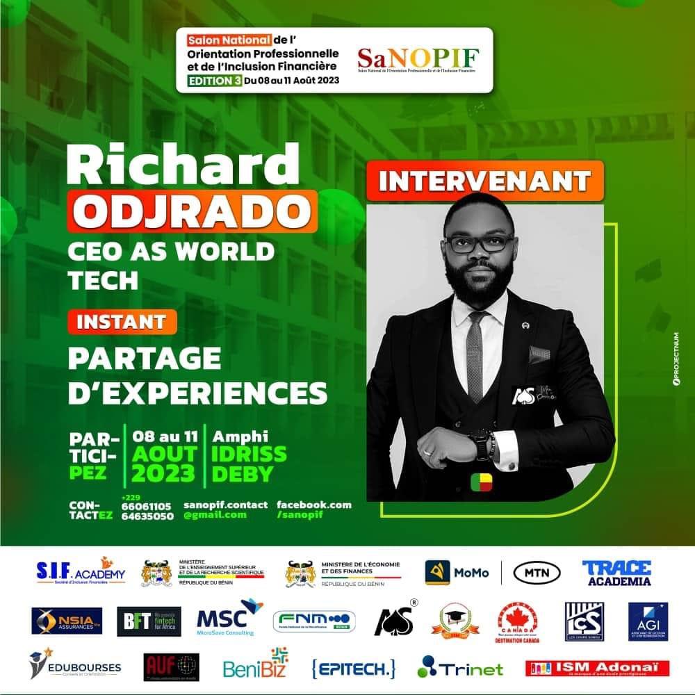 C'est à nous de faire en sorte que la relève soit de qualité. 
Prenez rendez-vous pour l'orientation professionnelle et de l'inclusion financière. 

Date: du 08 au 11 Août 2023.
Cible : Étudiants et bacheliers 
Lieu : UAC, Amphi Idriss Deby

Richard G. ODJRADO