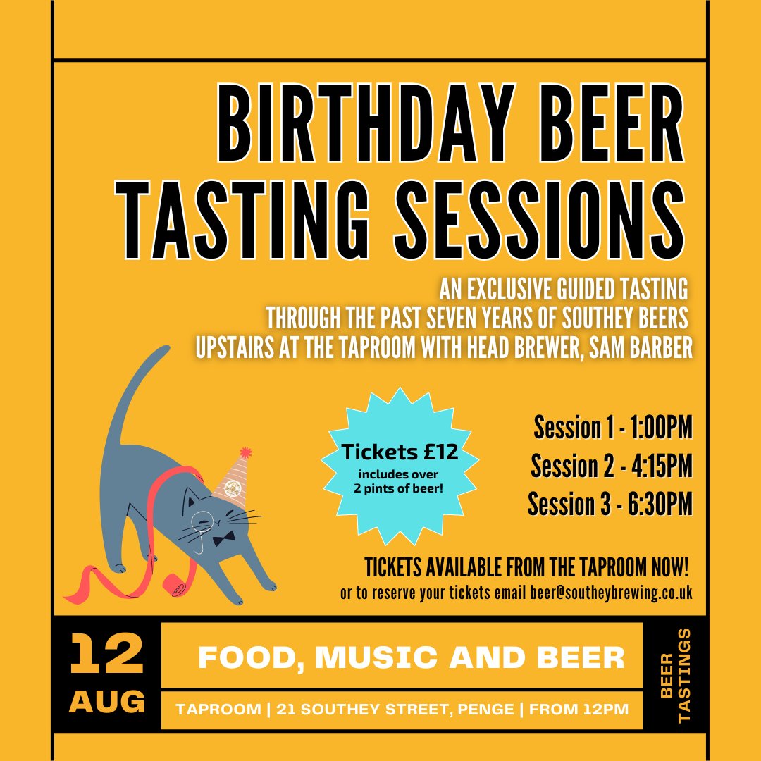 SoutheyBrewing's tweet photo. Join us for a journey through the past 7 remarkable years at Southey. 
Ticketed beer tastings on Sat 12th Aug.
🍺
If you're a beer enthusiast, a Southey superfan, or just curious about what goes on here, get a ticket today. Pop by the bar or DM us to reserve and pay later.
#Penge https://t.co/1xFF9eAOxU