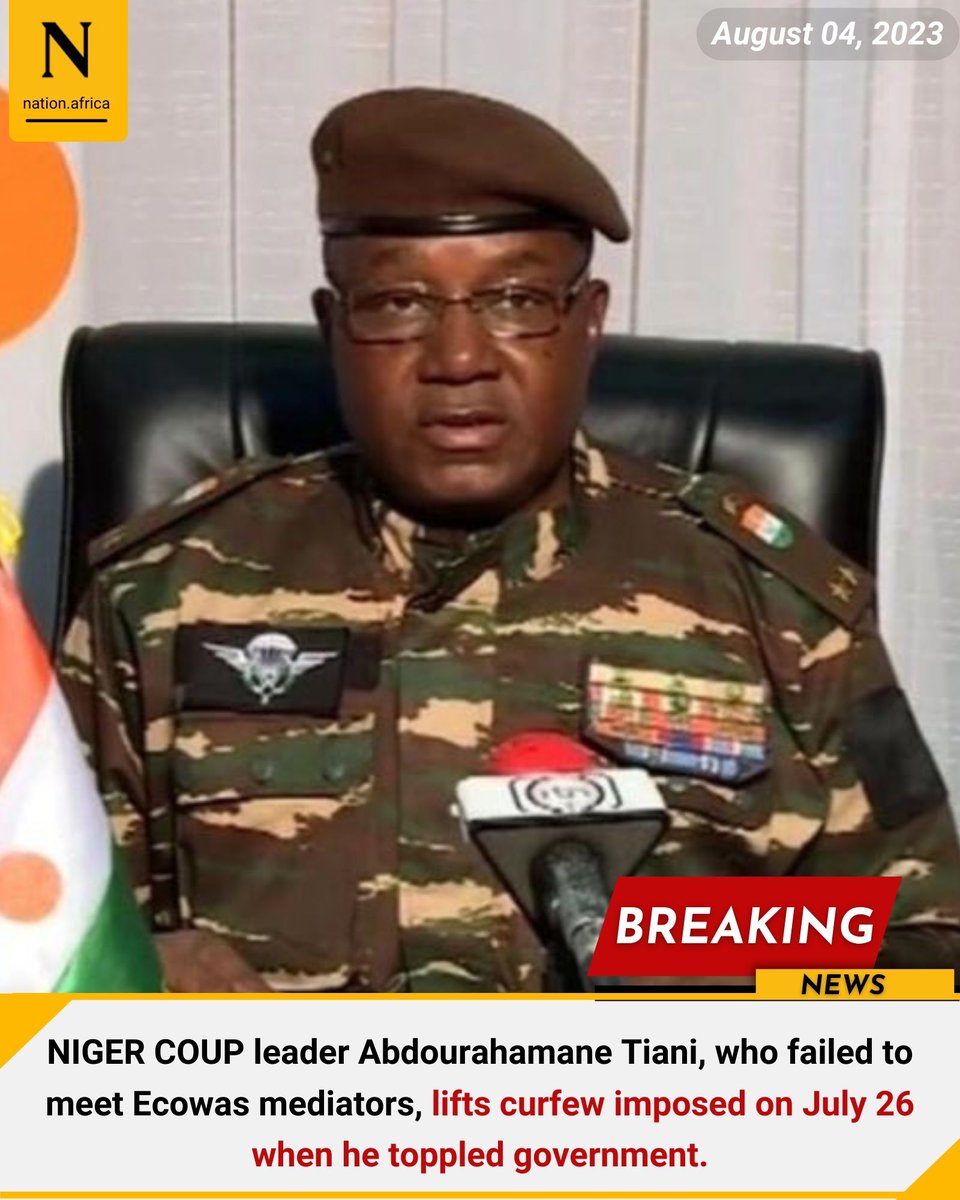 NIGER COUP leader Abdourahamane Tiani, who failed to meet Ecowas mediators, lifts curfew imposed on July 26 when he toppled government.