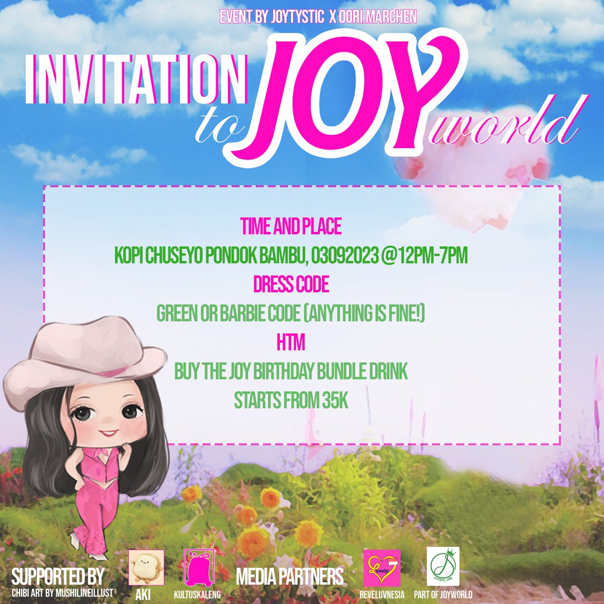 joytystic's tweet photo. ૮˶• ﻌ •˶ა
./づ~ ♡ you are invited!

                 JOY BIRTHDAY CAFE EVENT
                  WELCOME TO JOY WORLD

📍@kopichuseyoid , Pondok Bambu Jak-Tim
🗓️ 03092023
⌚️12PM - 7PM WIB

rsv form: https://t.co/khSQAEEtmW

💚 early rsv will get extra freebie 💚