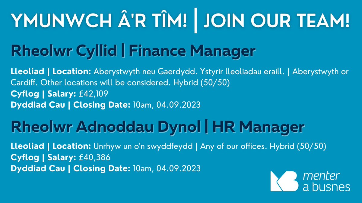 MenteraCymru's tweet photo. Yn dilyn twf diweddar ym mhortffolio'r cwmni, rydym yn recriwtio ar gyfer dwy swydd reoli.👇 

Following recent growth in the company's portfolio, we are recruiting for two managerial positions.👇

🔗https://t.co/TUpMJsTm0Z 

#swyddnewydd #swyddidwyieithog #cyllid #finance #HR https://t.co/DNdqdFsTFm