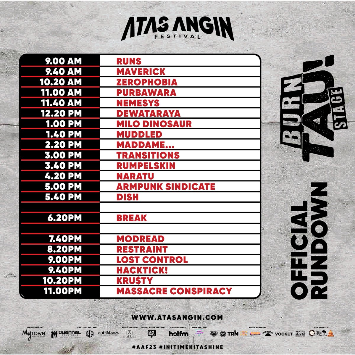 Official Rundown for SOUNDLOUD, INDIENASIONAL, KONGSI SUARA &amp; BURNTAU! for Atas Angin Festival! Ini time kita mesti shine! Kami tahu ramai request so selamat merancang perjalanan ke stage!

#AAF23 #INITIMEKITASHINE