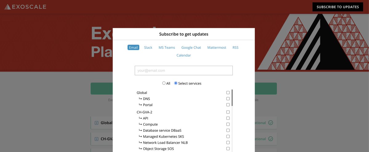 Have you already seen our redesigned status page? Subscribe to updates using your preferred channel. You can also specifically select the services you use or are interested in to receive updates. Subscribe now: exoscalestatus.com