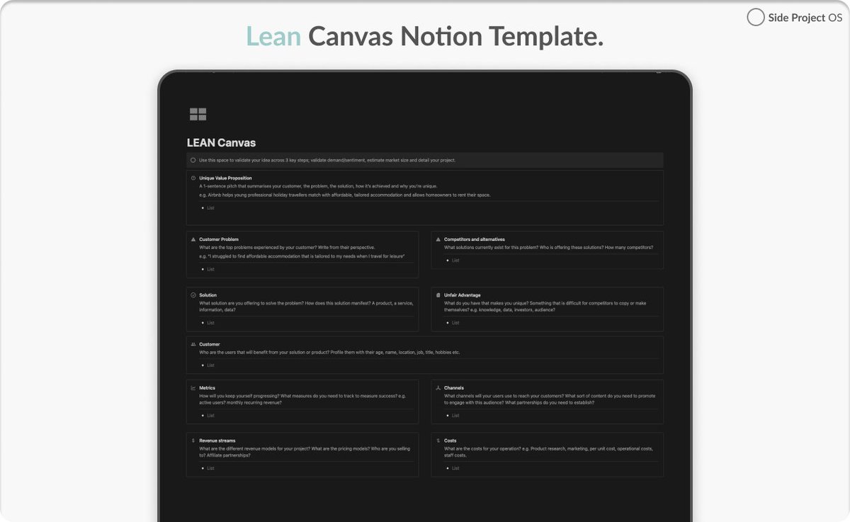 notesbyhugh's tweet image. Lean Canvas is the ultimate framework for your ideating your side project.
Put it to use today by grabbing this template for free ✨
Comment SIDE below and i'll DM you a link :)