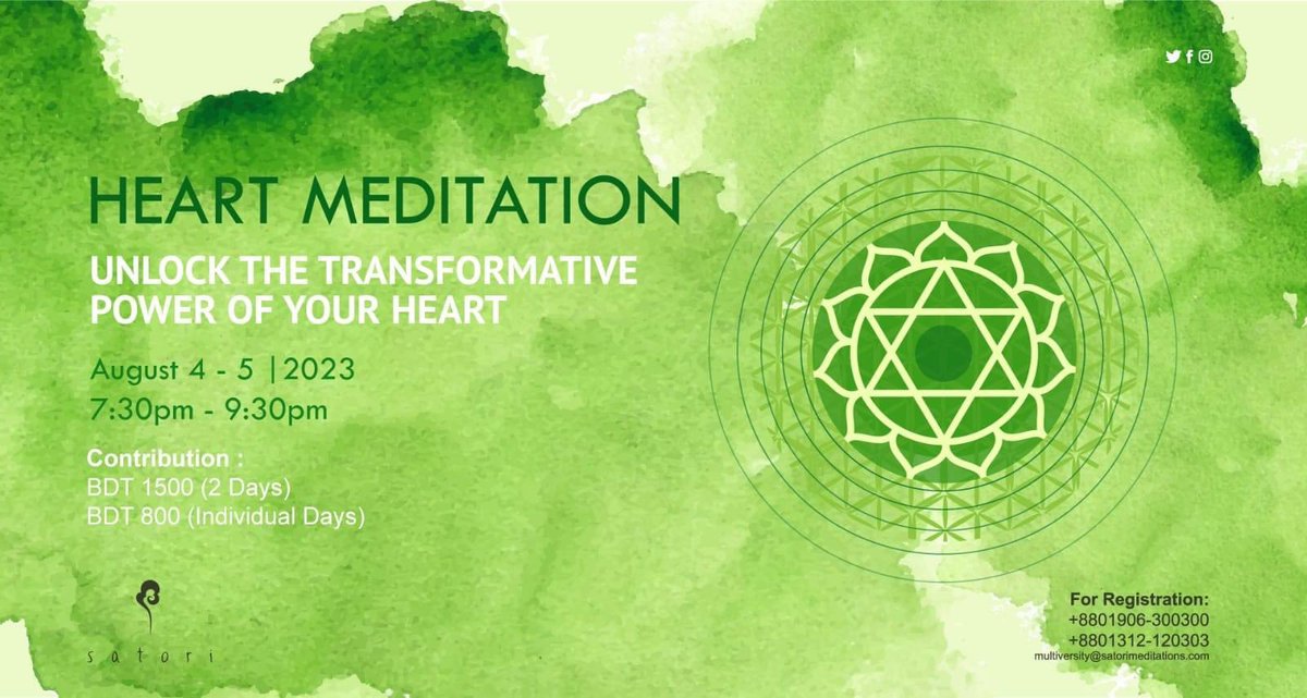 SatoriMeds's tweet photo. Heart Meditation

Unlock the Transformative Power of Your Heart

Date: August 4 - 5, 2023
Time: 7:30pm - 9:30pm

Contribution: 
BDT 1500 (2 Days)
BDT 800 (Individual Days)

#Satori #SatoriFoundation #SatoriMeditations #SatoriEveningMeditation #HeartMeditation #Heart #Love #Joy https://t.co/miLUKu3BNG