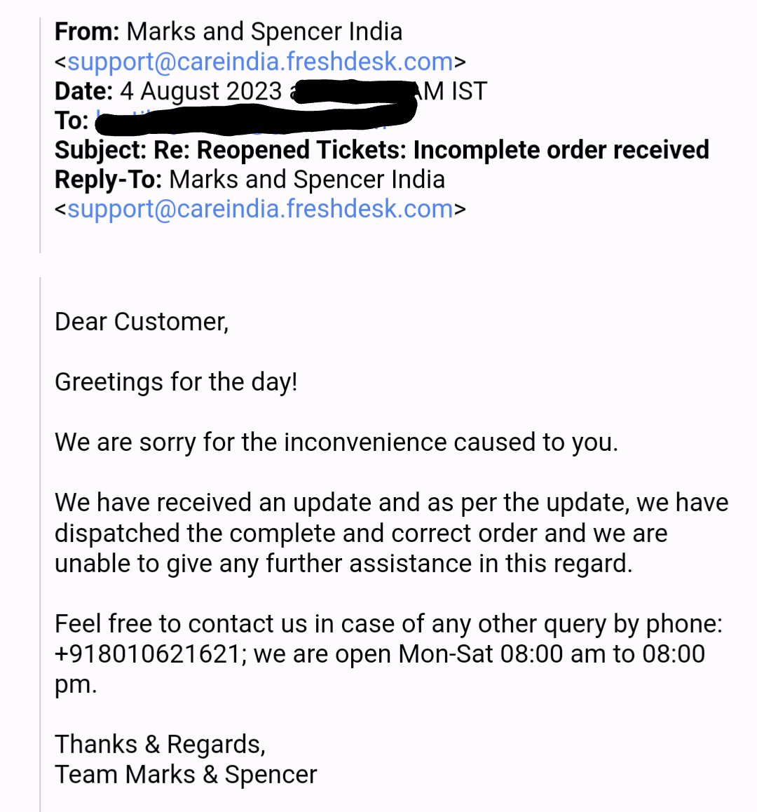After months of no news, 'reminded' today by M&S India - I am a liar and they are right! Never buy M&S online in India - petty thieves - charge the full amount, send an incomplete order and then accuse you of lying! #mandsindia #marksandspencer #consumeradvocacy #jagograhakjago