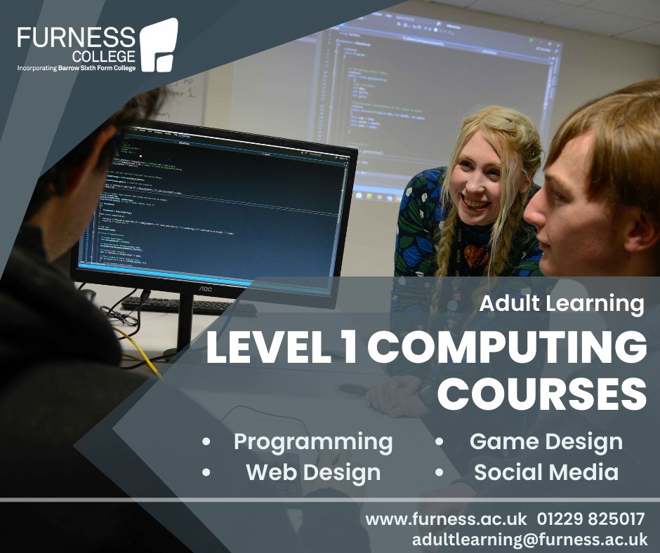 🖥BRAND NEW ADULT COMPUTING COURSES🖥 These courses cover entry level learning and a variety of different computing trades, including: -Games Design -Web Design -Programming -Social Media Marketing Sign up today, contact: adultlearning@furness.ac.uk
